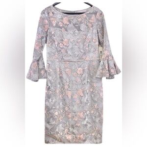Eliza J Bell Sleeve Lace Overlay Dress – Size 14 – Gray & Pink Floral – NWT